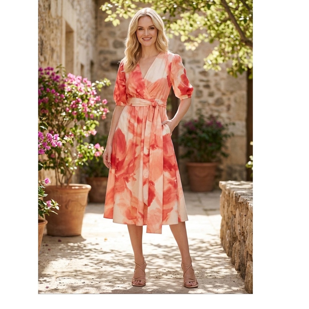DKNY Womens Floral Watercolor Midi Dress‎ Coral Pink V-Neck Puff Sleeve New